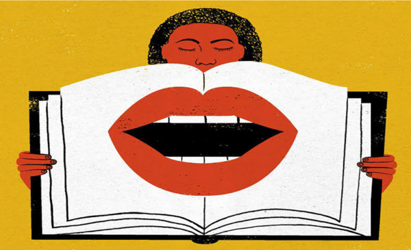 yellow background with open books with open mouth with red lips in the center