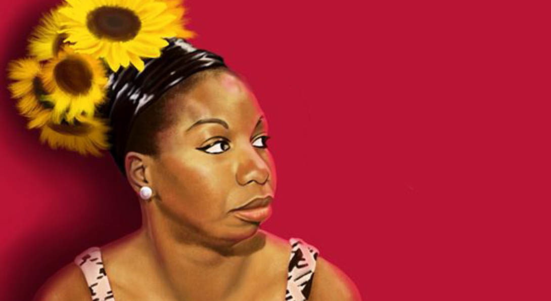 Nina Simone with sunflowers in hair in front of a red backdrop