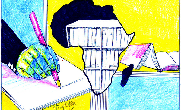 sketch of hand writing in a notebook with and a bookshelf drawn into the African continent