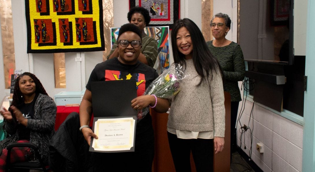Image of Deziree Brown in Black T-shirt alongside Helen Jun and 3 other people at the 2021 Grace Holt Award Celebration