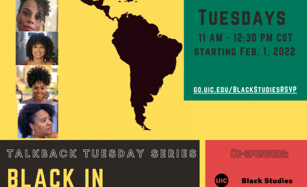 event flyer with yellow, red, black, and green background with event details and silhouette of Latin America