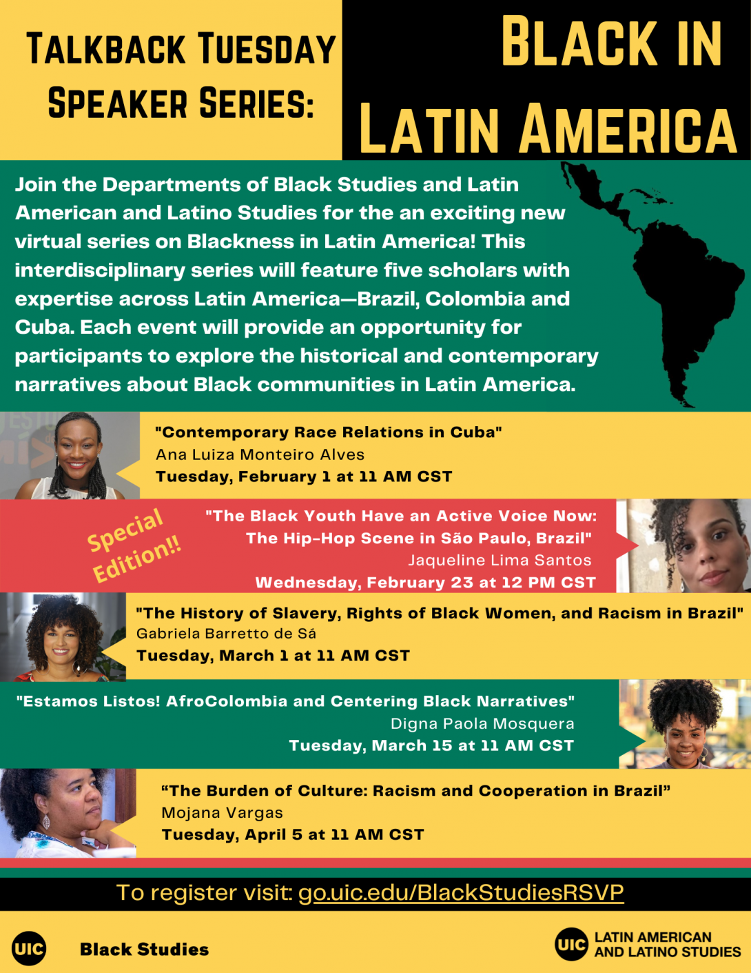 flyer for Black in Latin American series with yellow background with black, red, green, and white details and images of speakers.