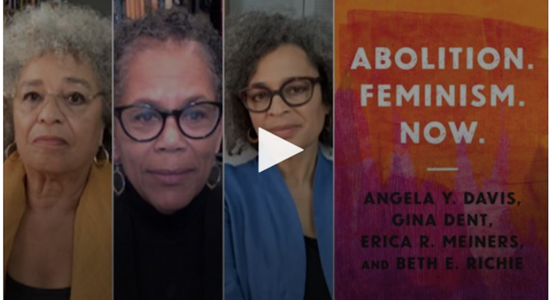 three black women and the cover of the book Abolition. Feminism. Now.