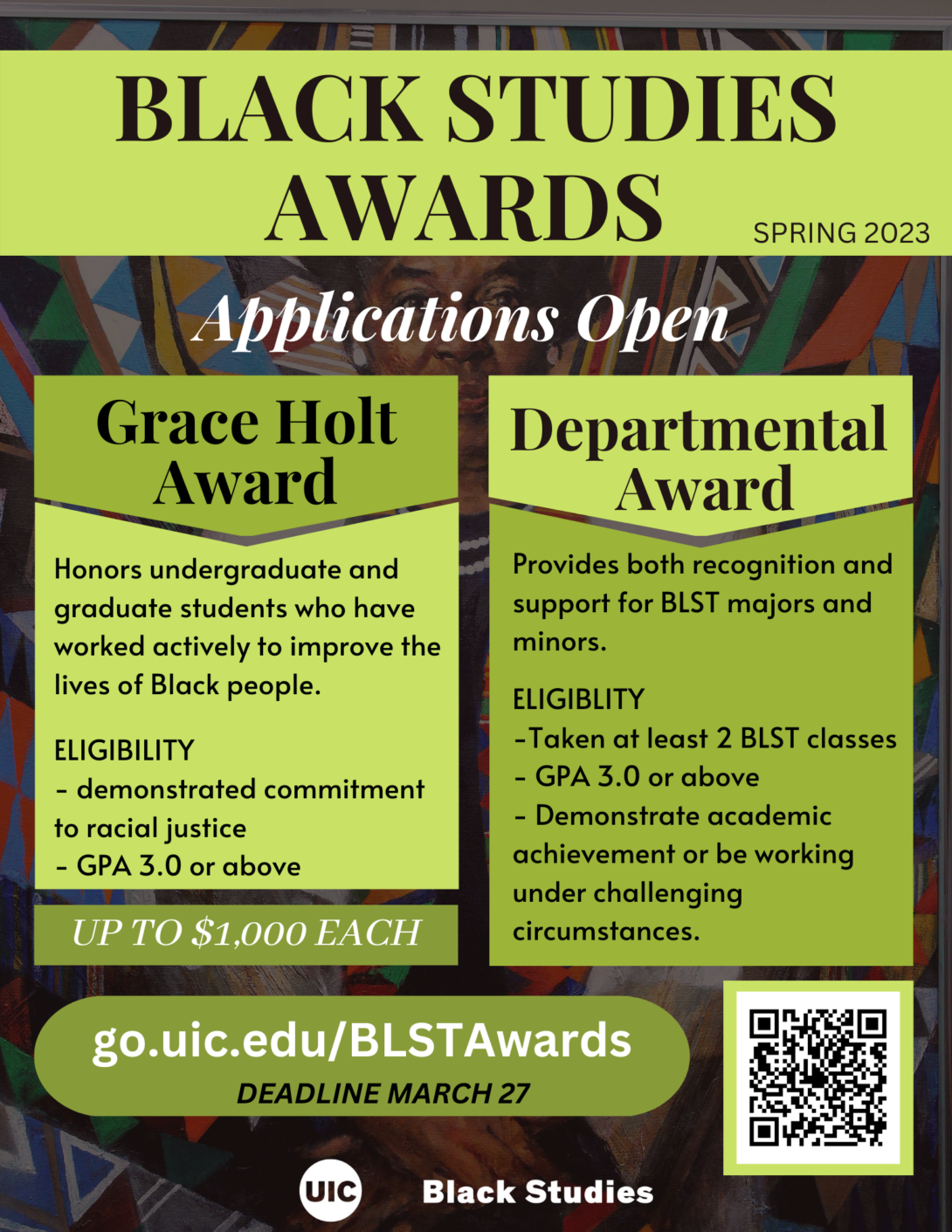 Event flyer. Colorful portrait of a woman in the background. Title read Black Studies Award in large font against green background. Two green rectangles with informational next to each other in the middle of the flyer. Department logo at the bottom of flyer.