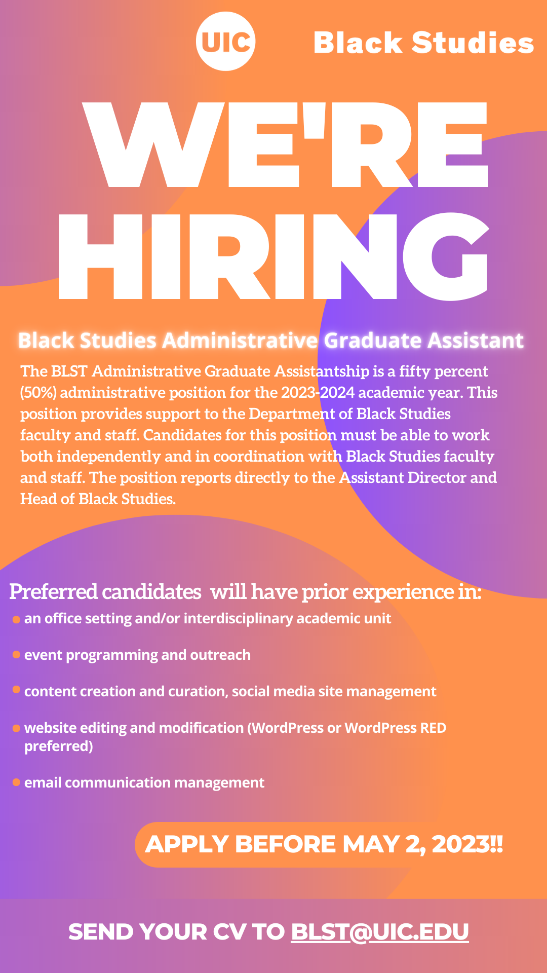 orange and purple flyer advertising 50% administrative GA position in Black Studies.