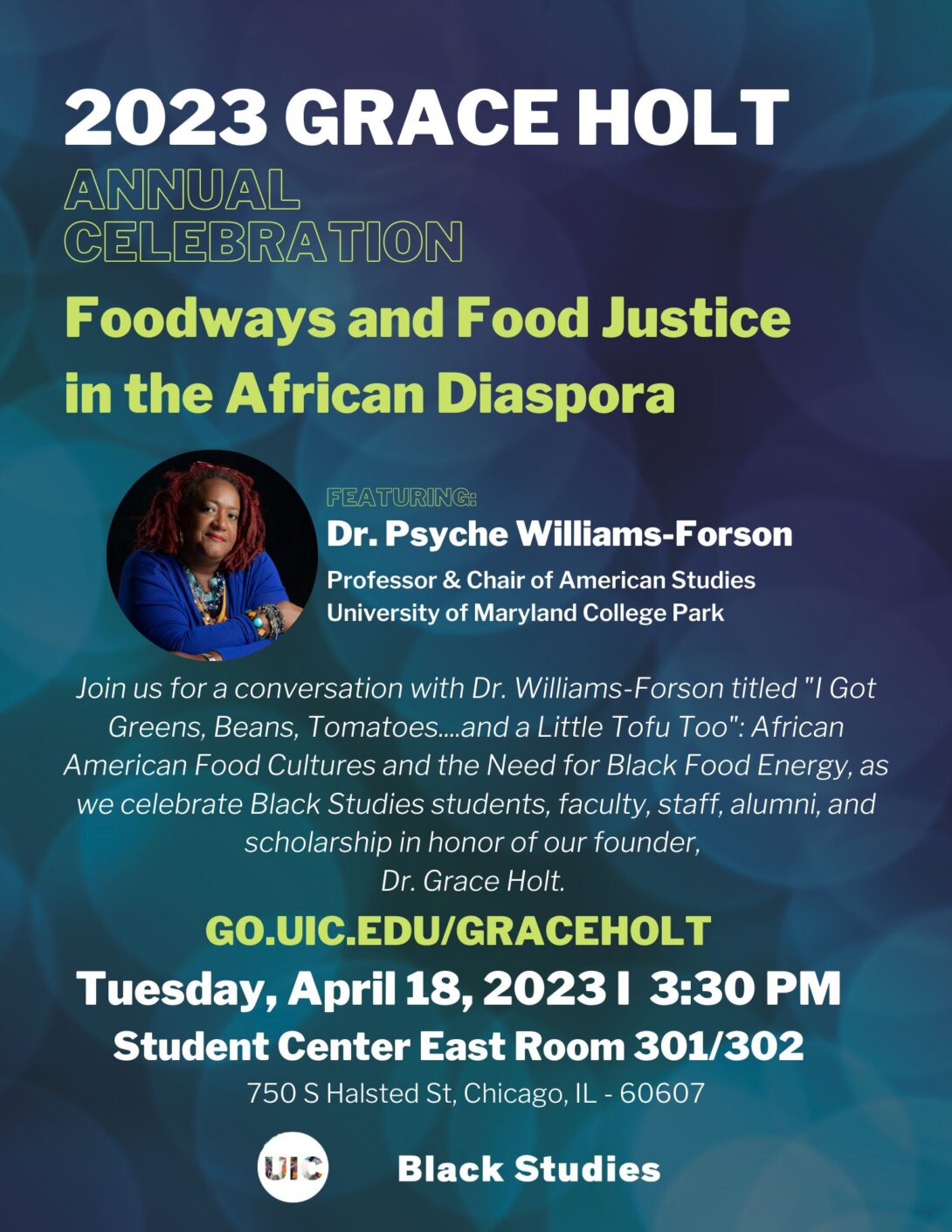 Graphic with background in shades of blue. Title of event at top of flyer in large white font with, details of speaker in the middle of flyer. date, time and location at the bottom of flyer.