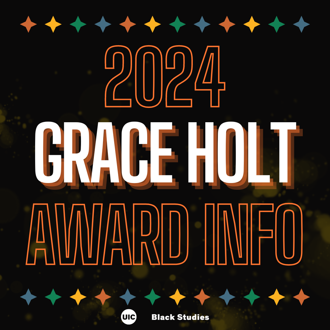 pattern of orange, yellow, green, and blue four pointed stars on the top and bottom. orange text against a black background that says: 2024 Grace Holt Award Info
