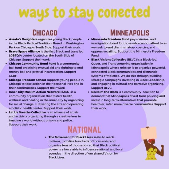 purple background with a dark purple flower. list of resources to stay connected on the issues in chicago and minneapolis, and on the national level