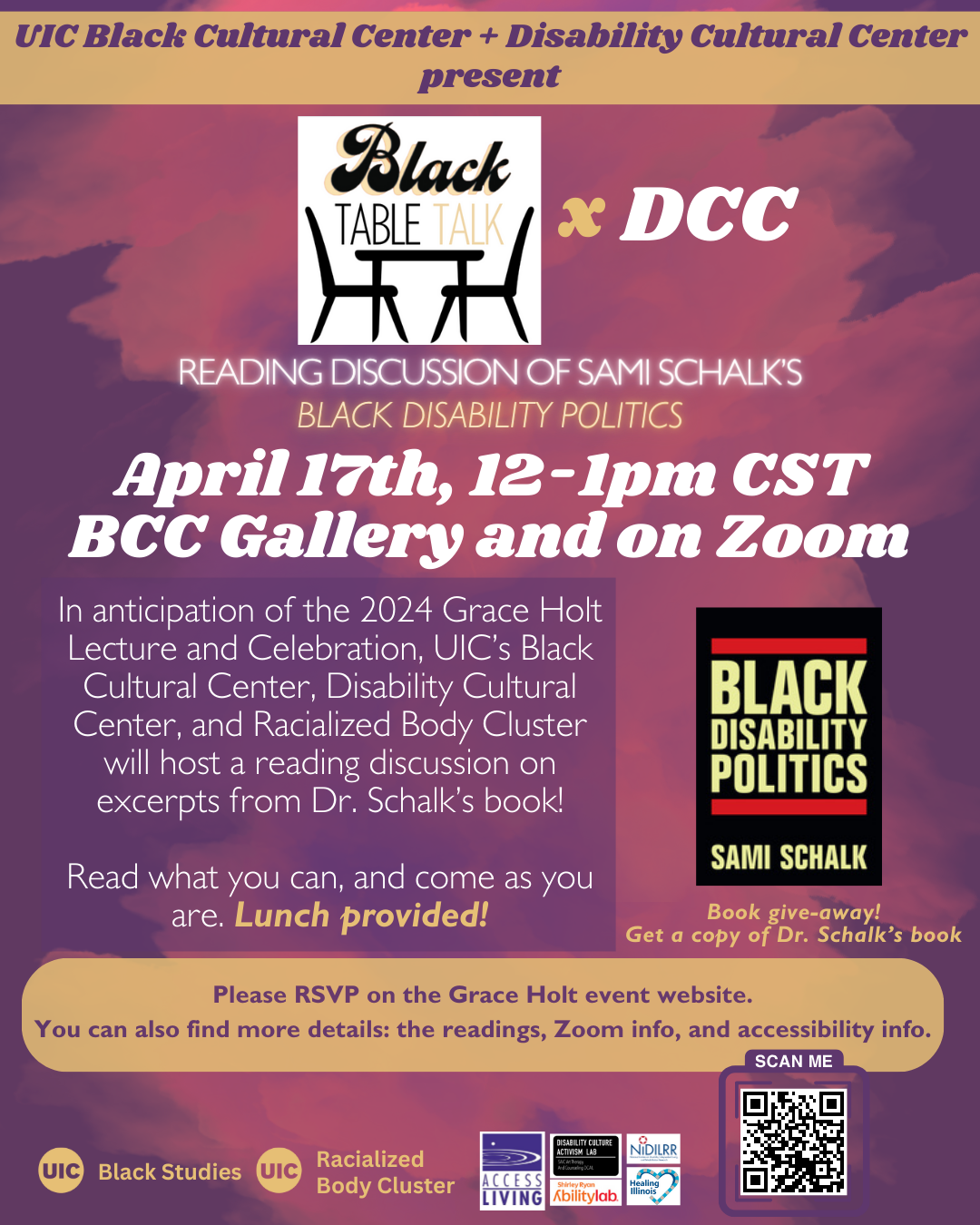 event flyer. purple, pink, and red background. image of black table talk logo and black disability politics book. event information