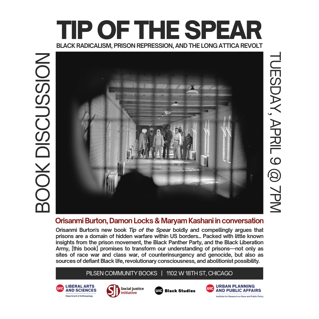 black and white event flyer with image from the perspective of behind prison bars.