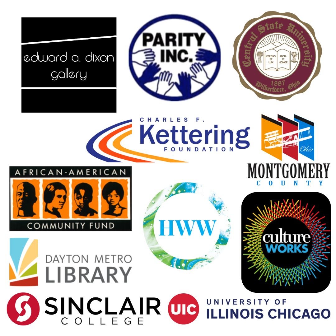 white background with twelve organization logos: sinclair college, UIC, culture works, african american community fund - dayton foundation, parity inc, central state university, kettering foundation, montgomery county, dayton library, HWW, culture works