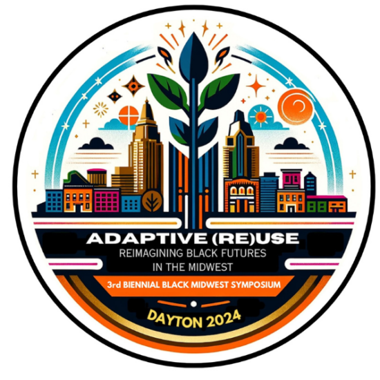 BMI 2024 logo. white circle with a city skyline and a large plant branch in the middle. text that says Adaptive Reuse: Reimagining Black Futures in the Midwest, 3rd Biennial Black Midwest Symposium Daytona 2024