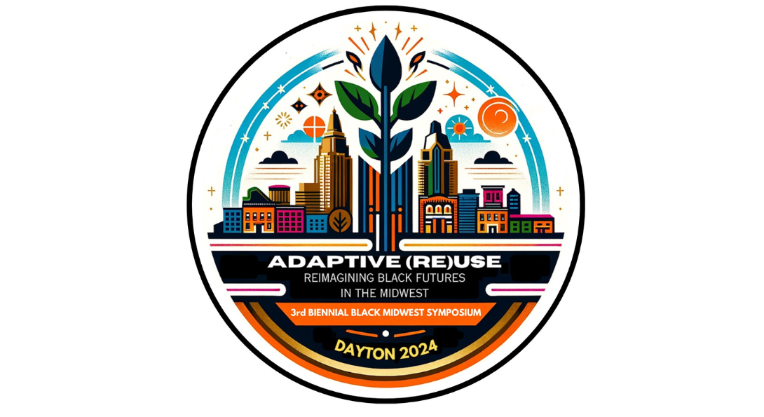 BMI 2024 logo. white circle with a city skyline and a large plant branch in the middle. text that says Adaptive Reuse: Reimagining Black Futures in the Midwest, 3rd Biennial Black Midwest Symposium Daytona 2024