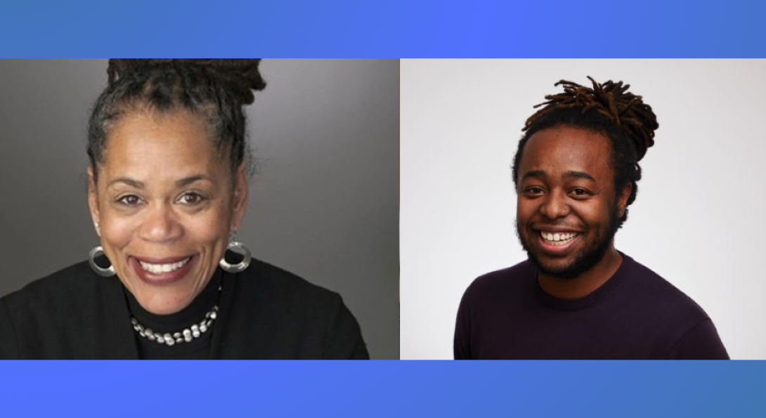 blue background with two photos. woman wearing a black suit with silver jewelry smiling at the camera. person wearing black and smiling at the camera