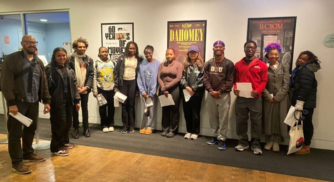 BLST 100 (Intro to Black Studies) instructor, Prof. Cedric Johnson and students attend a 4K digital restoration of 1984 film, The Killing Floor, at Gene Siskel Film Center